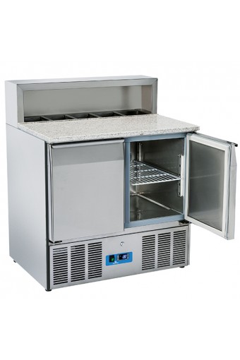 Banco preparazione refrigerato due porte gn 1/1,piano lavoro in granito cap.5 gn 1/6 per ingredienti