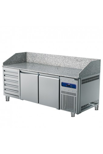 Banco pizza con 5  e cassetti portapalline , 2 vani refrigerate per inserimento teglie  600x400 mm,