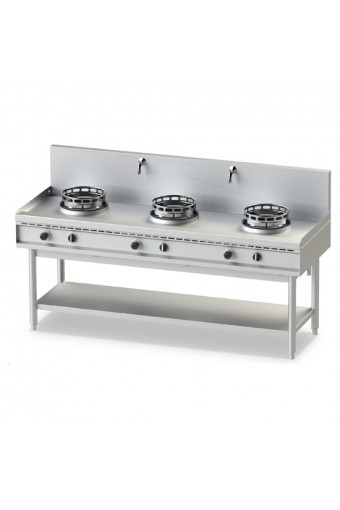 piano di cottura wok a gas con ripiano, 3 fuochi, 2 rubinetti acqua