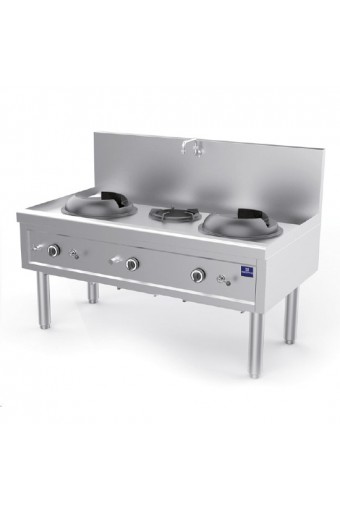 Piano di cottura wok a gas con 2 fuochi da 27,5 kW + 1 bruciatore zuppe 9,2 kW, 1 rubinetto acqua