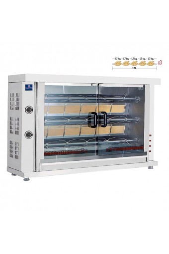 Girarrosto a gas con illuminazione, 3 spiedi per 12-15 polli