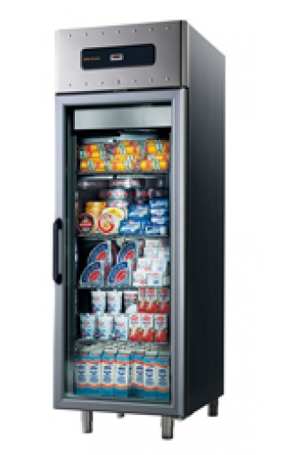 Congelatore da 700 litri in inox GN 2/1 con porta in vetro, -10°/-25°C, isolamento 75 mm