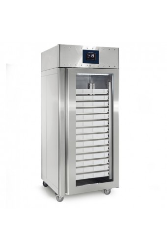 Congelatore da 850 litri in inox con porta in vetro per pasticceria, 56x 600x400 mm, -10°/-20°C