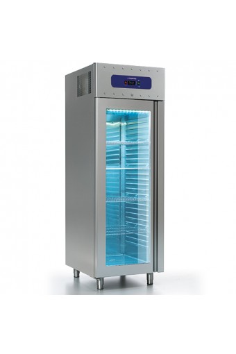 frigorifero da 700 litri in inox con porta in vetro, GN 2/1,-2°/-8°C, 85 mm isolamento