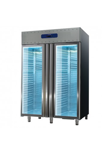 Frigorifero da 1400 litri in inox con porte in vetro, GN 2/1, -2°/+8°C, 85 mm isolamento