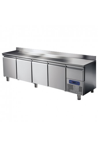Tavolo refrigerato professionale 4 porte GN 1/1 con alzatina e cassetto refrigerato su vano motore, -2 °/+8 °C