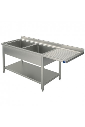 lavello su gambe per incasso lavastoviglie con ripiano, 2 vasche a sinistra, 1600x700 mm