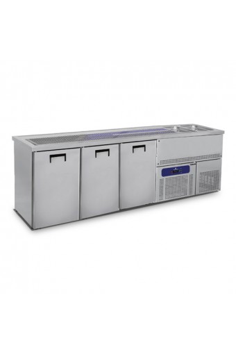 Banco bar  refrigerato  con 2 vasche a sinistra e 3 porte per fusti birra da 50 litri