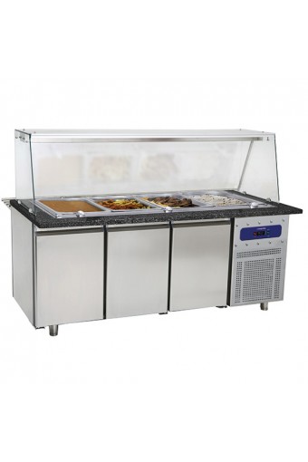 banco di preparazione riscaldato a 3 porte con struttura in vetro, 5x GN 1/1 h=100 mm