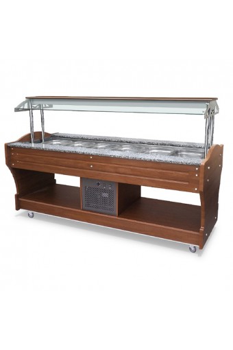 Buffet professionale freddo a isola con refrigerazione statica, 6x GN 1/1 h=150 mm, cappa non abbassabile.