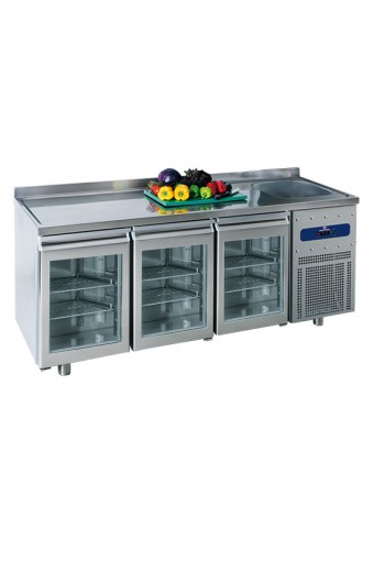 Tavolo refrigerato da 700 mm a 3 porte a vetro con vasca 35x40x20h cm a destra e alzatina, -2°/+8°C