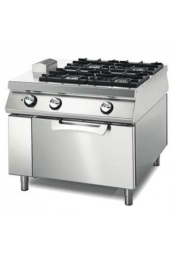 Cucina gas da 4 fuochi su forno elettrico statico, bacinelle in acciaio inox, comandi 2 lati