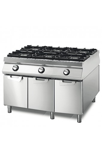Cucina gas da 6 fuochi su vano con porte, bacinelle in acciaio inox, comandi 2 lati