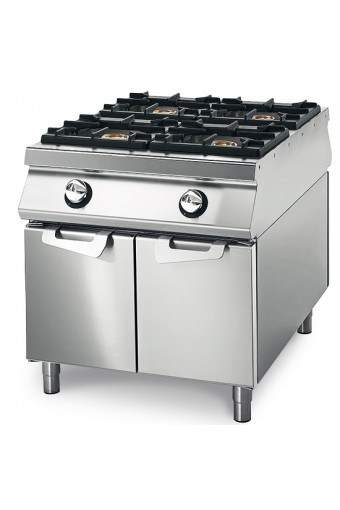 Cucina gas da 4 fuochi su vano con porte, bacinelle in acciaio inox, comandi 2 lati