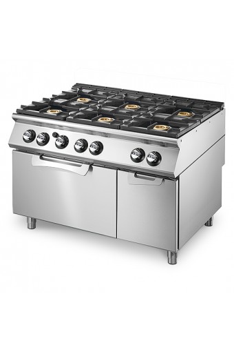 Cucina a gas professionale su forno a gas statico GN 2/1 con 6 bruciatori.