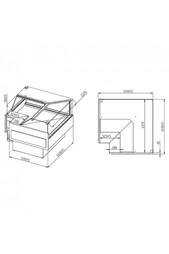 Banco carne refrigerato ventilato ad angolo aperto con vetro retto, 0°/+4°C