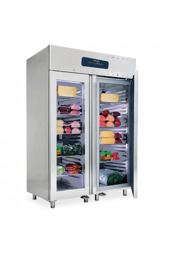 Congelatore da 1400 litri in inox GN 2/1 con porte in vetro, -10°/-25°C, isolamento 75 mm
