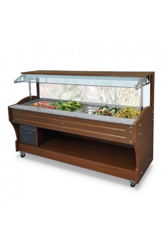 Buffet professionale freddo murale con refrigerazione statica, 6x GN 1/1 h=150 mm, cappa non abbassabile.