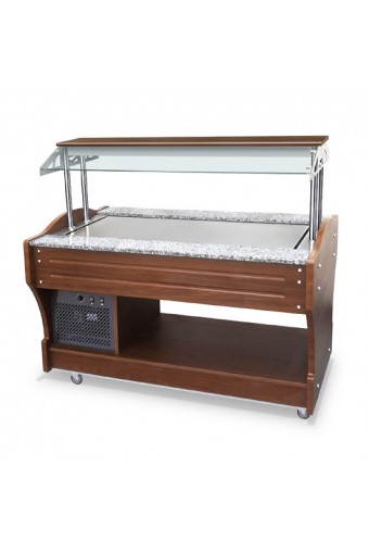 Buffet freddo professionale a isola con piano refrigerato statico, 4x GN 1/1, cappa non abbassabile.